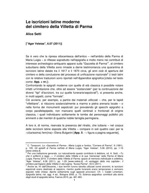 Le Iscrizioni Latine Moderne Del Cimitero Della Villetta Ager Veleias