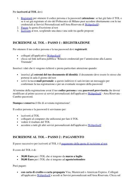 iscrizione al tol – passo 1 - Politecnico di Milano