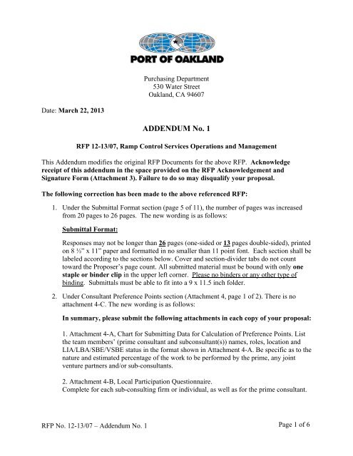 ADDENDUM No. 1 - Port of Oakland