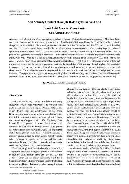 Soil Salinity Control through Halophytes in Arid and Semi Arid Area ...