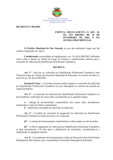 Decreto 056/2004 - Prefeitura de São Gonçalo