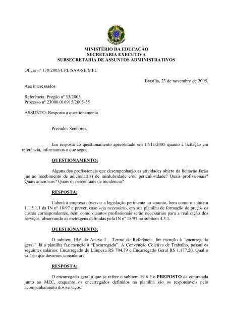 Oficio 178 - 2005 Resp questionamento Pregão 33-2005