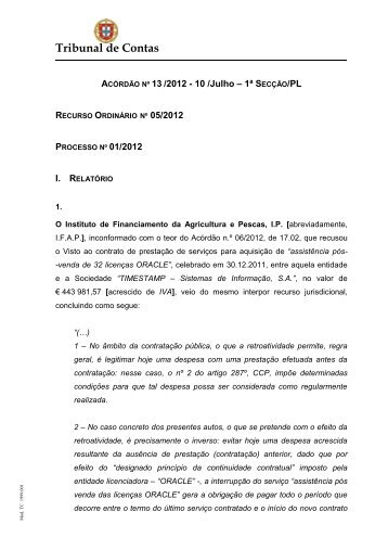 Acórdão 13/2012 da 1ª S/PL - Tribunal de Contas