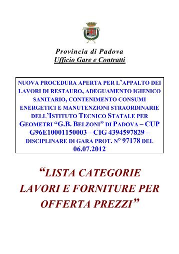 lista categorie per offerta a prezzi unitari - Provincia di Padova