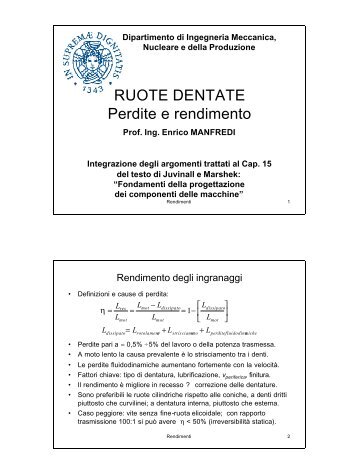 RUOTE DENTATE Perdite e rendimento