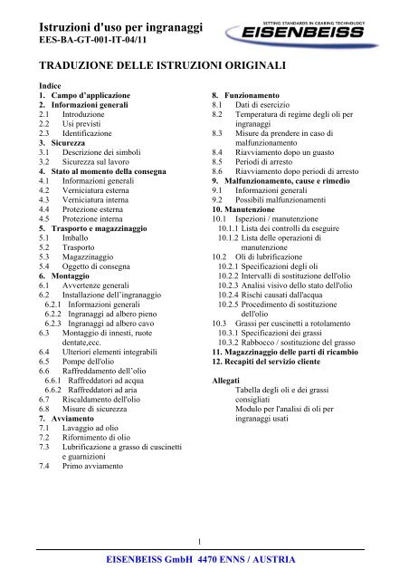 Istruzioni d'uso per ingranaggi - Eisenbeiss