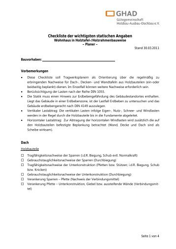 Checkliste Statik Holztafelbau für Planer