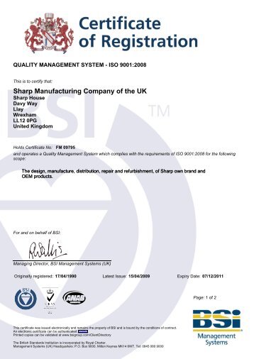 ISO 9001 Certificate - Sharp Manufacturing UK