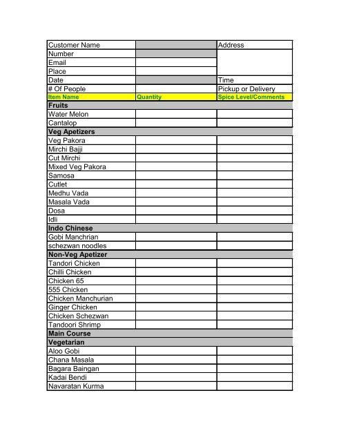 a detailed view of a catering order sheet with menu... Catering Menu & Order Form
