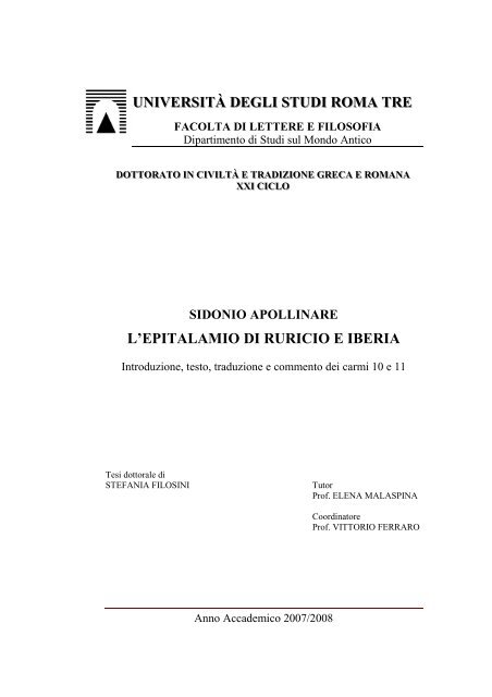Sidonio Apollinare L Epitalamio Di Ruricio E Iberia Dspace Roma3