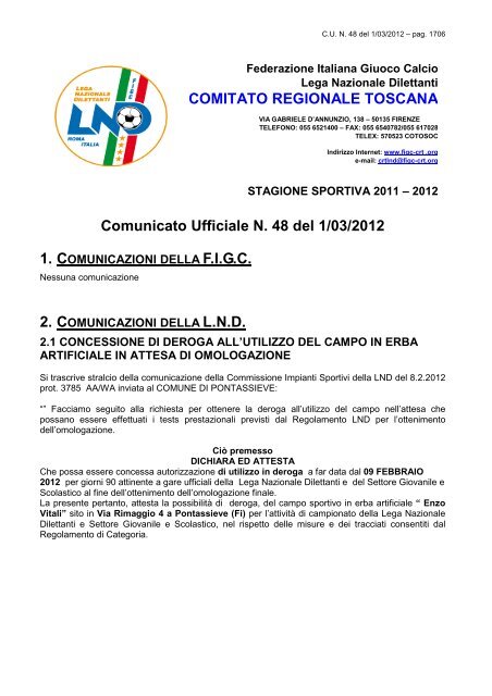 Comunicato Ufficiale N. 48 del 1/03/2012 COMITATO REGIONALE ...