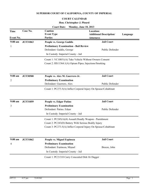 Superior court of california, county of imperial court calendar