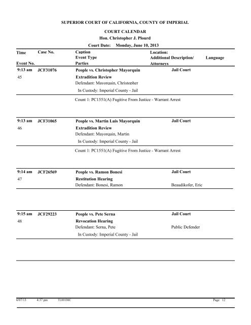 Superior court of california, county of imperial court calendar