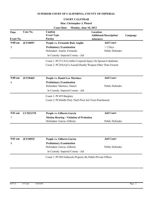 Superior court of california, county of imperial court calendar