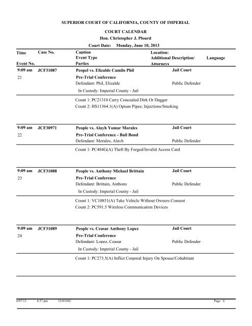 Superior court of california, county of imperial court calendar