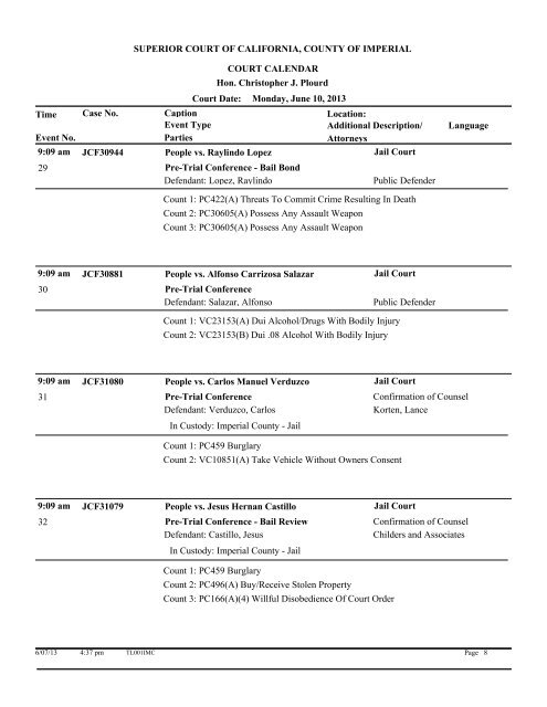 Superior court of california, county of imperial court calendar