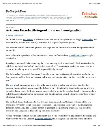 Arizona Enacts Stringent Law on Immigration - The New York Times