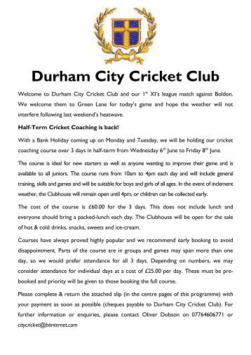 Welcome to the new season at Durham City Cricket Club ... - Pitchero
