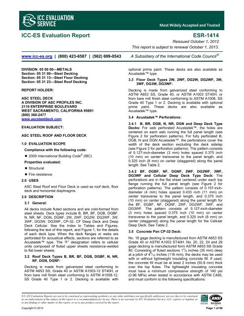 ESR-1414 - ASC Steel Deck, A Division of ASC Profiles Inc. - ICC-ES