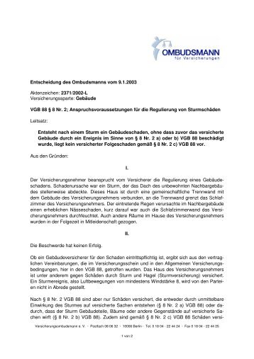 Entscheidung 2371/2002 - Versicherungsombudsmann