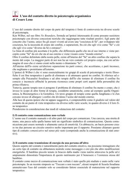 L'uso del contatto diretto in psicoterapia organismica di Cesare Lena