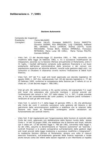 Deliberazione n. 7 /2001 - Corte dei Conti