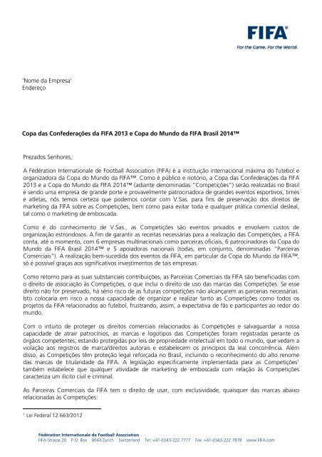 Carta de Informação sobre Atividades de Marketing - FIFA.com