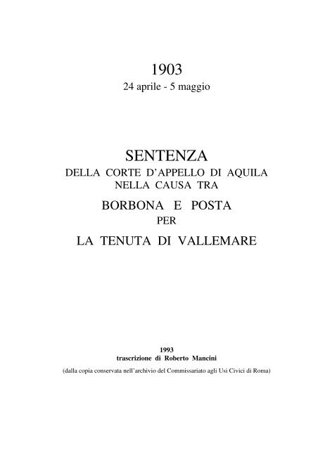 Sentenza del 1903 nella causa tra Borbona e Posta per la tenuta di ...