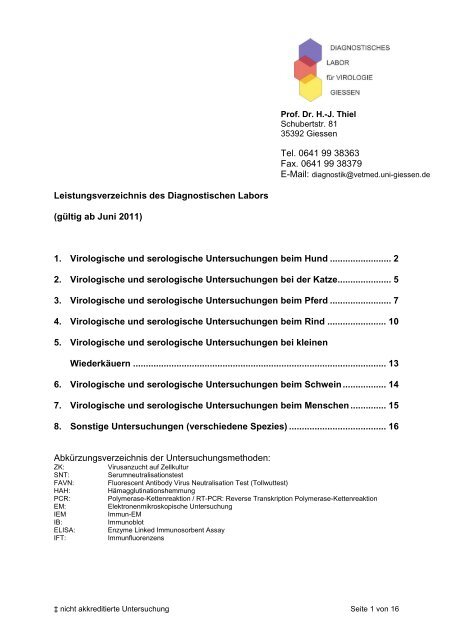 Leistungsverzeichnis des Diagnostischen Labors2011