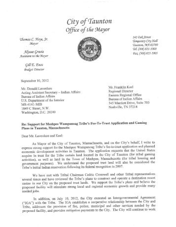 Letter of support of fee to trust application from Mayor Thomas Hoye