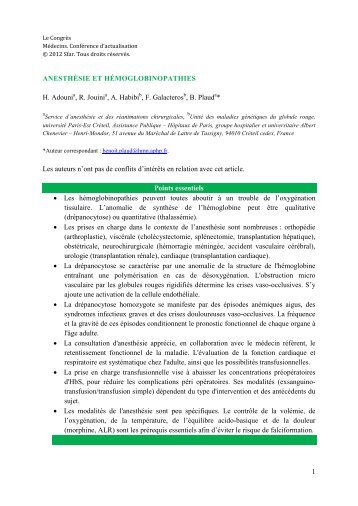 anesthesie et hemoglobinopathies - Société Française des Infirmier ...