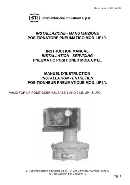 installazione - manutenzione posizionatore pneumatico mod. up1/l