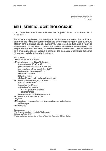 mb1: semeiologie biologique - Faculté de médecine de Montpellier