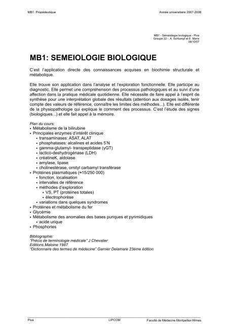 mb1: semeiologie biologique - Faculté de médecine de Montpellier