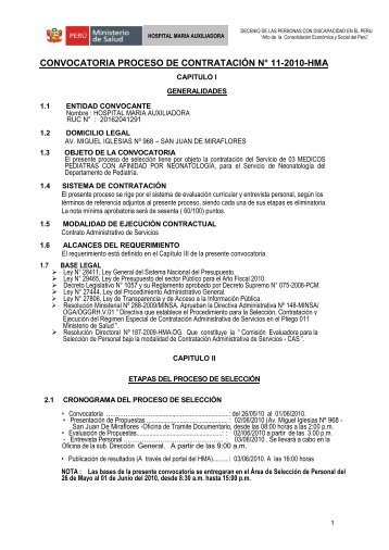 CONVOCATORIA PROCESO DE CONTRATACIÓN N° 003-2009-HMA