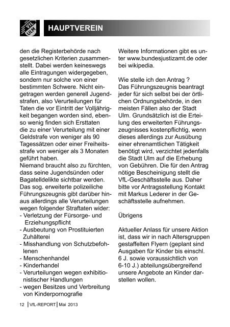 VfL-REPORT Mai 2013 - (VfL) Ulm/Neu-Ulm eV