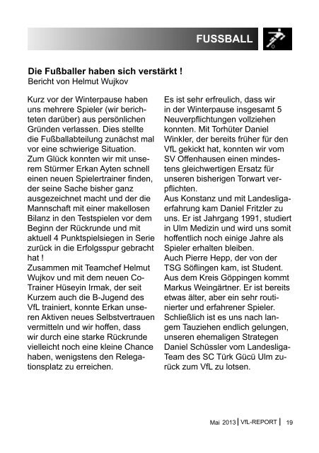 VfL-REPORT Mai 2013 - (VfL) Ulm/Neu-Ulm eV