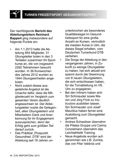 VfL-REPORT Mai 2013 - (VfL) Ulm/Neu-Ulm eV