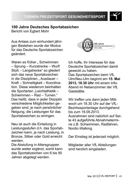 VfL-REPORT Mai 2013 - (VfL) Ulm/Neu-Ulm eV