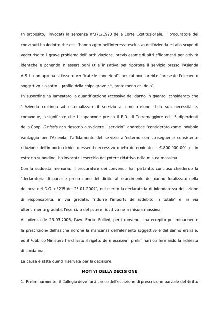 Sentenza della Corte dei Conti n. 885/06 - Esternalizzazioni