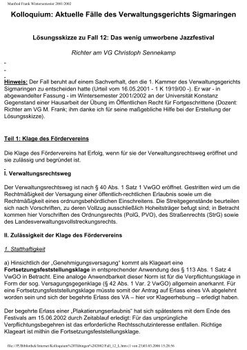 Lösungsskizze - Verwaltungsgericht Sigmaringen