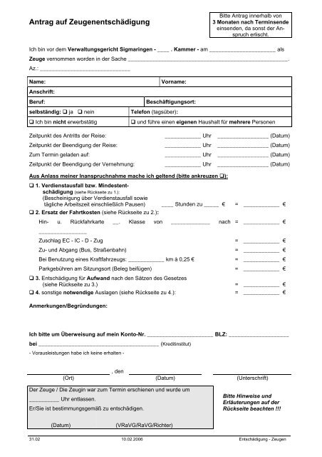 Antrag Auf Zeugenentschadigung Verwaltungsgericht Sigmaringen
