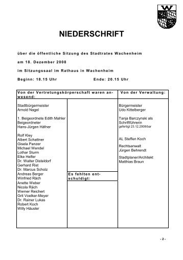 Niederschrift 18.12.2008 - Verbandsgemeinde Wachenheim