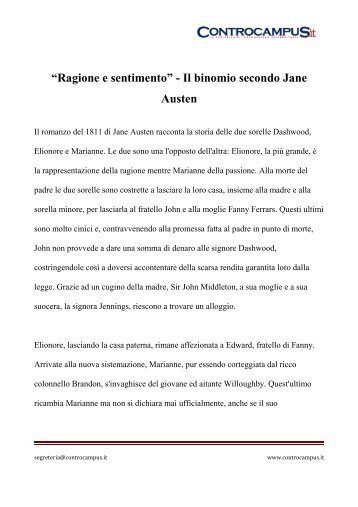 Ragione e Sentimento di Jane Austen - Appunti - Controcampus