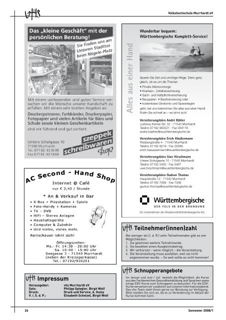 Semester 2008/1 Volkshochschule Murrhardt eV 1