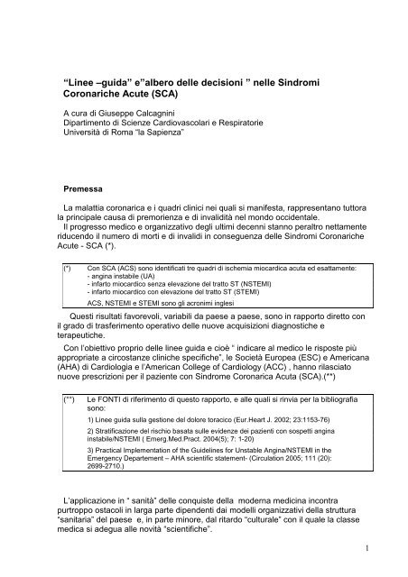 “Linee –guida” e”albero delle decisioni ” nelle Sindromi Coronariche ...