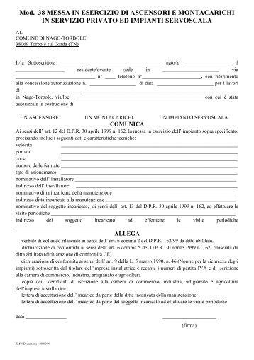 Mod. 38 MESSA IN ESERCIZIO DI ASCENSORI E MONTACARICHI ...
