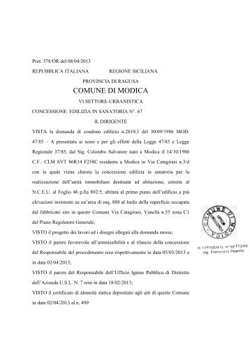 conc. ed. in sanatoria n. 67-2013.pdf - Comune di Modica