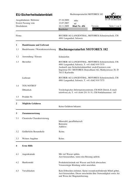 EU-Sicherheitsdatenblatt Hochtemperaturfett MOTOREX 182