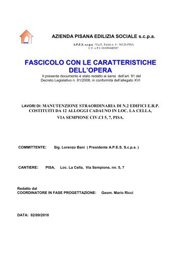FASCICOLO CON LE CARATTERISTICHE DELL'OPERA - APES Pisa